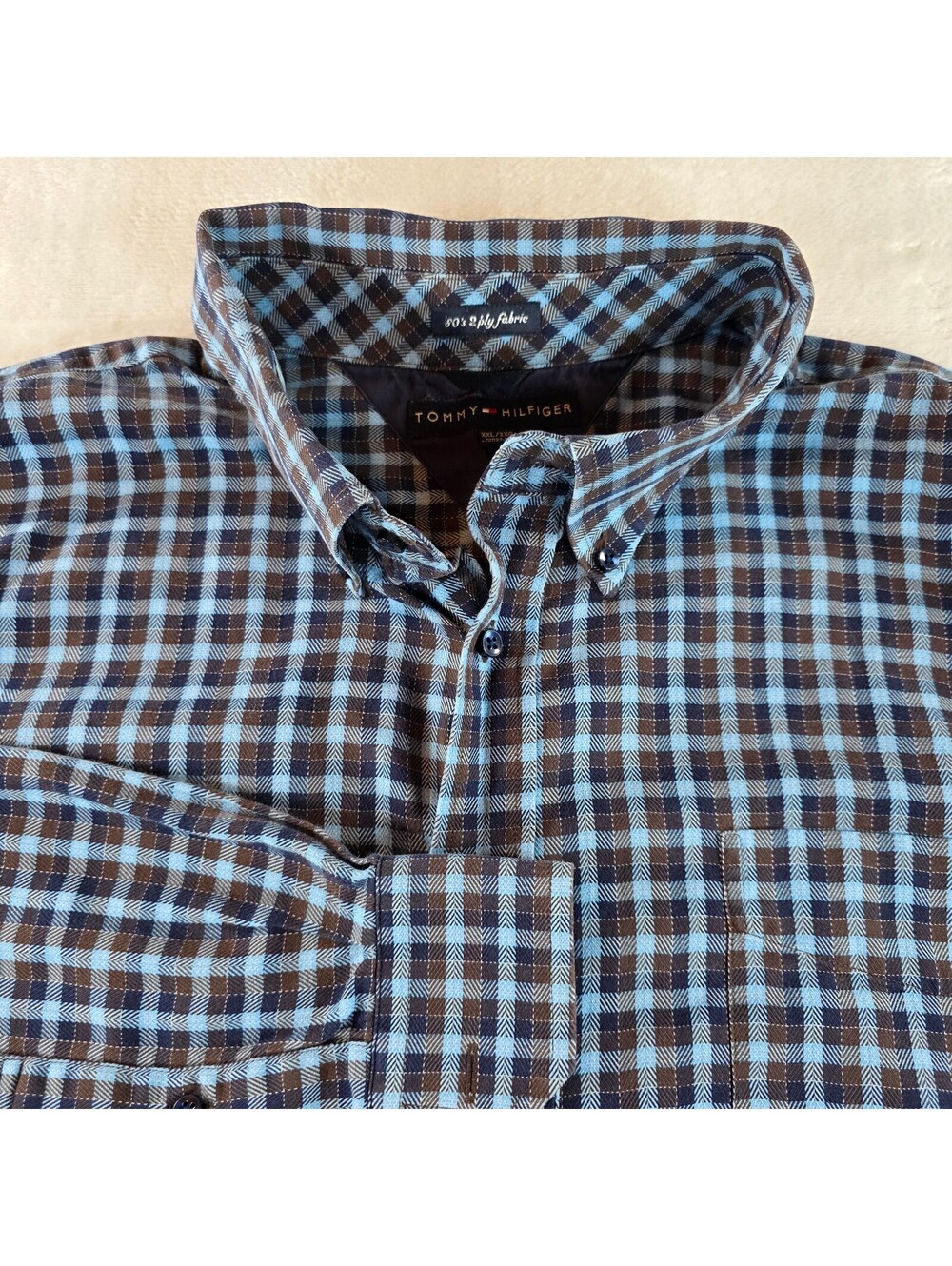 Tommy Hilfiger Men's XXL Blue Brown Plaid Button-Up Shirt Casual Classic Fit